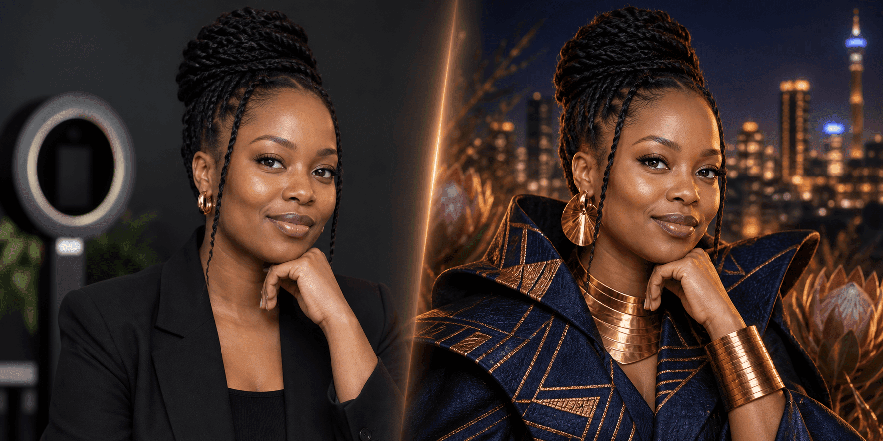 Split image: on the left a woman in a black blazer photographed at a Signal Frame station; on the right the same woman rendered as a portrait in a navy and copper structured coat with a copper collar, against the Johannesburg skyline at night.