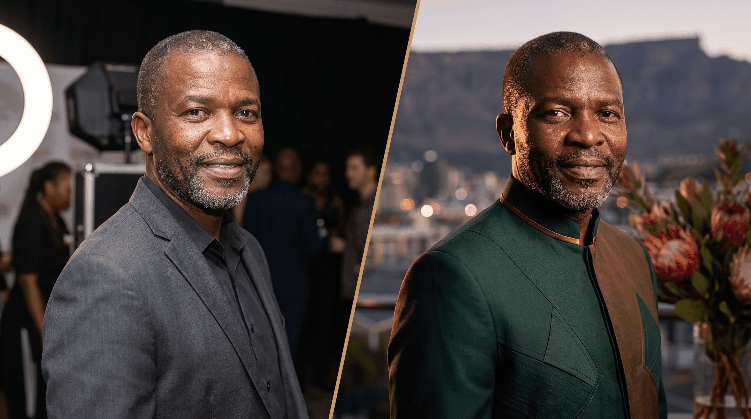 Split image: on the left a man in his fifties photographed at a Signal Frame station under a ring light; on the right the same man rendered as a portrait in a deep green mandarin-collar jacket against Table Mountain at dusk.