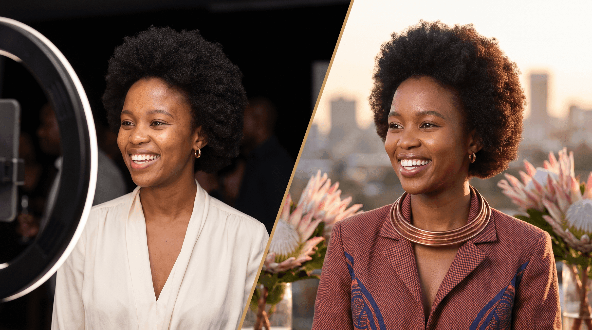 Split image: on the left a woman in her twenties photographed at a Signal Frame station; on the right the same woman rendered as a portrait in terracotta and indigo against a warm patterned backdrop.