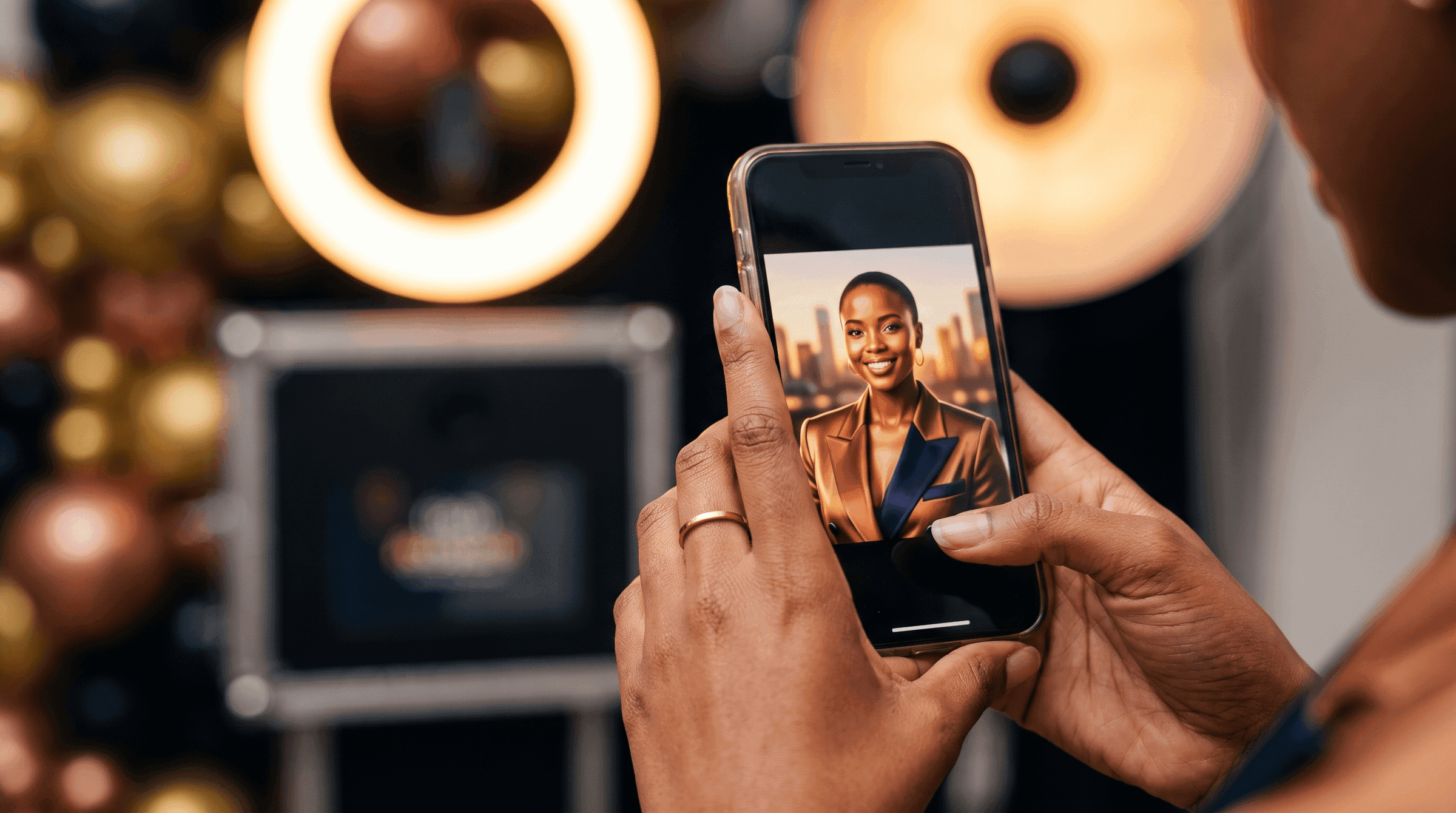 A guest holding a phone showing their finished portrait.
