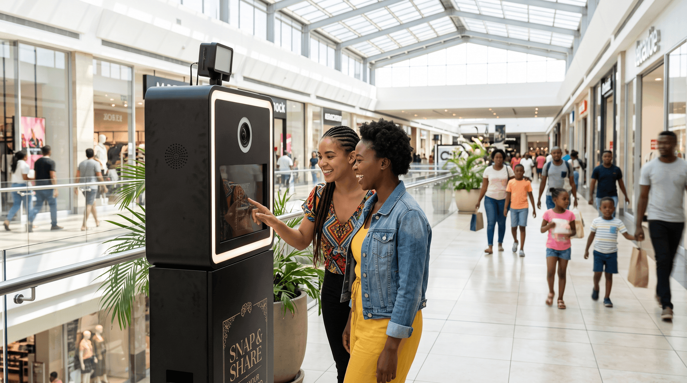 A portrait station in a shopping mall atrium.