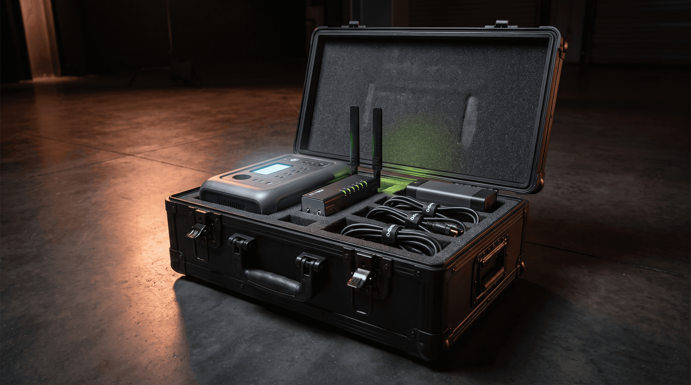 An open flight case holding a portable power station and a router, packed for transport to a venue.