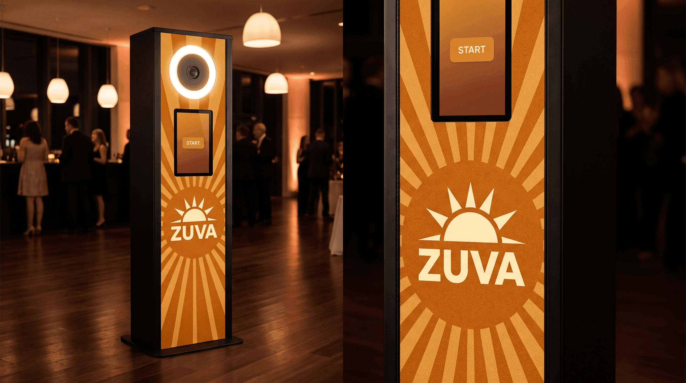 A portrait station totem wrapped in an amber beverage brand.