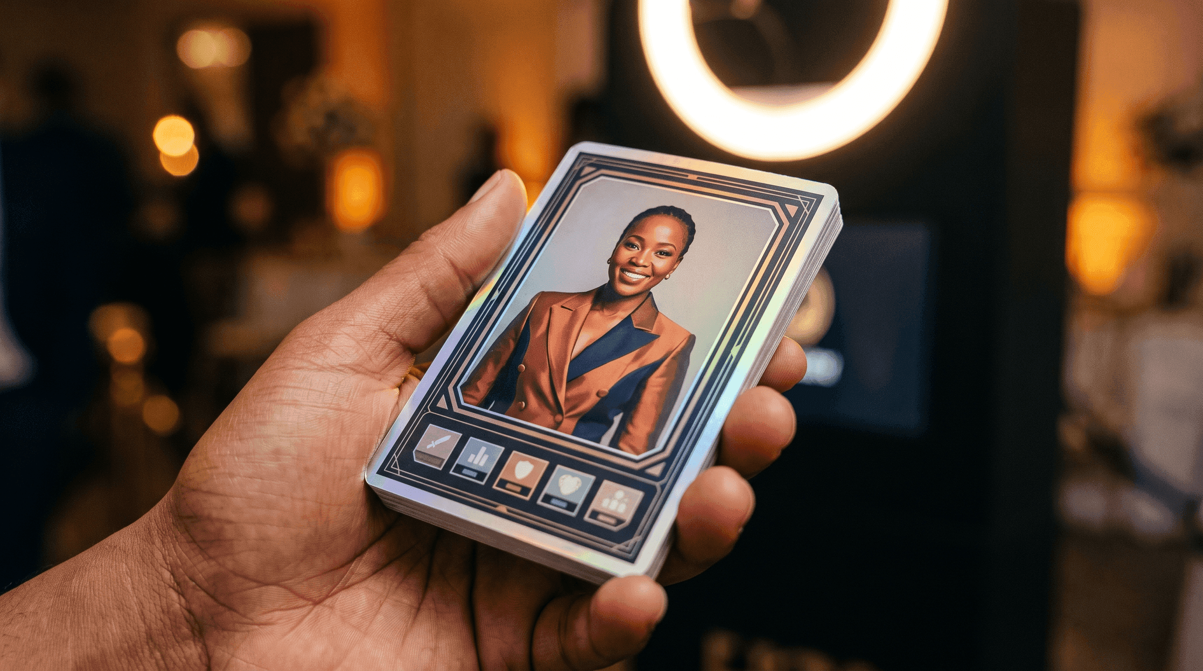 A collectible trading card portrait held in a hand.