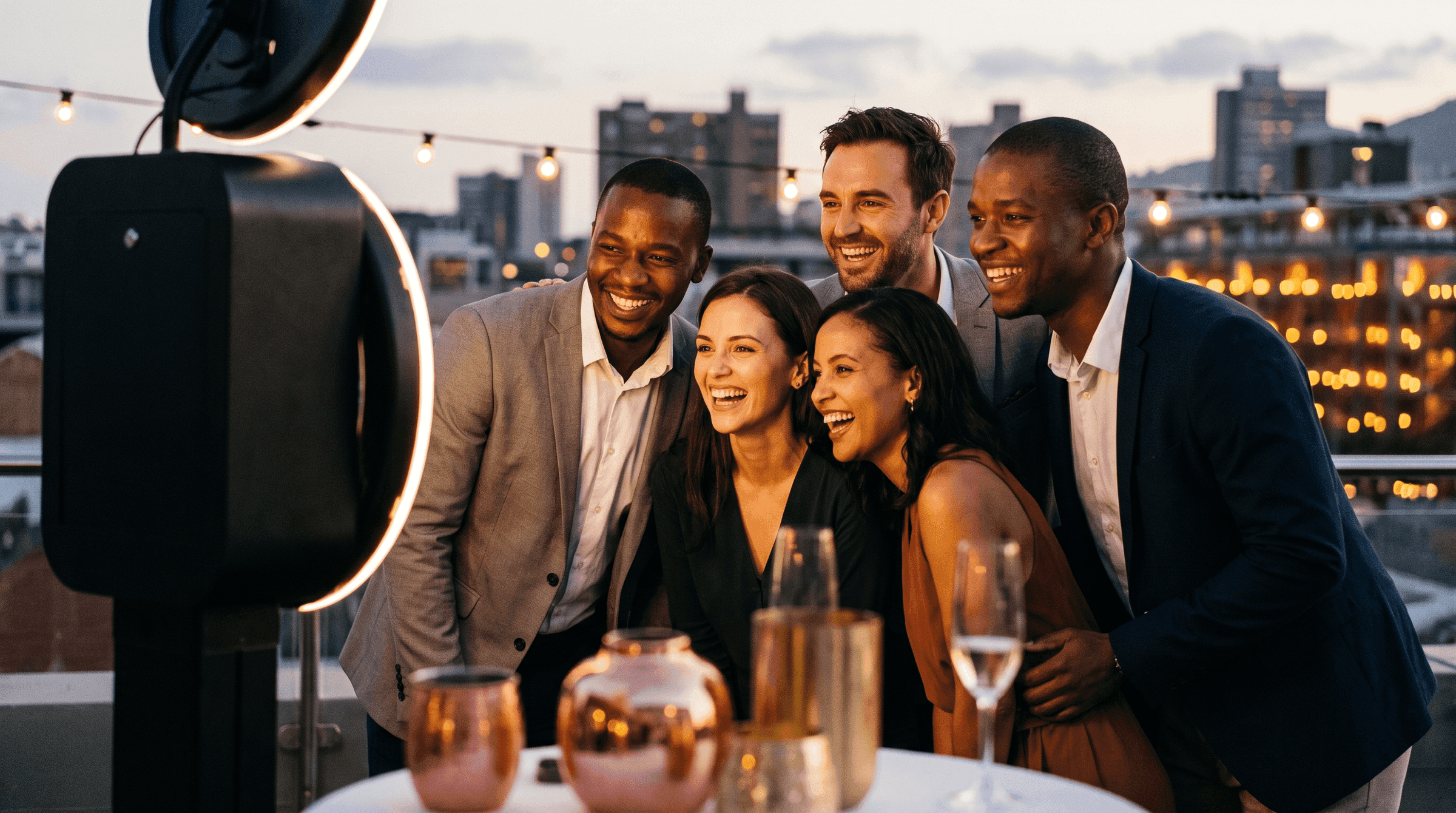 Five colleagues laughing together at a year-end function.